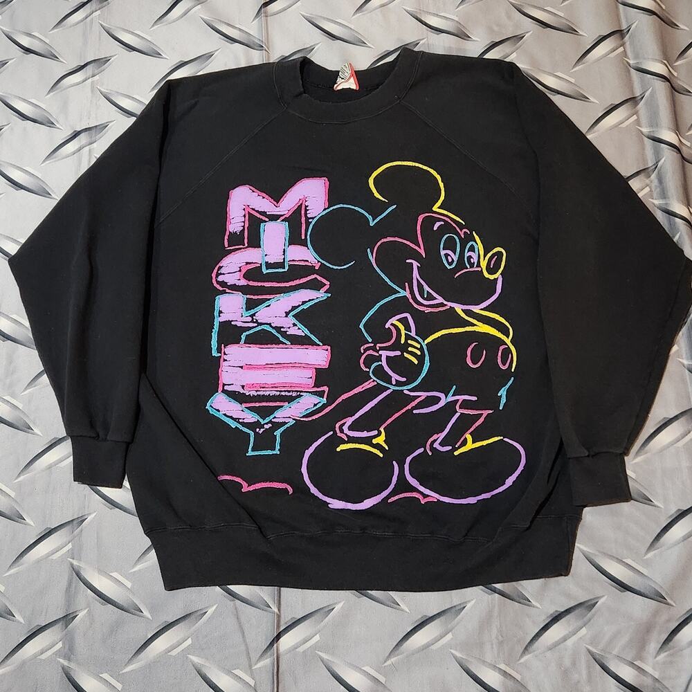 Vintage 90’s Mickey Mouse Sweatshirt Flock Print Made In USA Fits 2XL